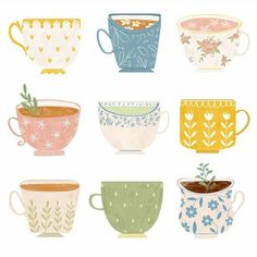 tea cups with different designs on them