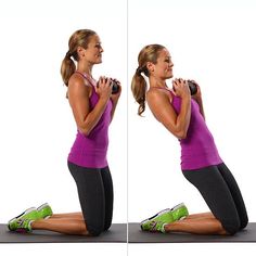 a woman is doing squats with dumbbells on her knees and arms behind her back