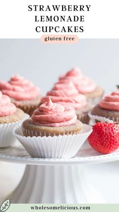 strawberry lemonade cupcakes on a white cake plate