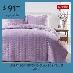 a bed with purple bedspread and pillows on it for $ 19 99 reg $ 15 00