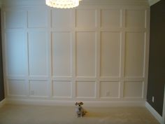 a dog sitting in the middle of a room with white paneling on the walls