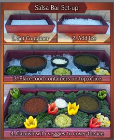 four different types of food are shown in three separate trays, each containing vegetables and seasonings