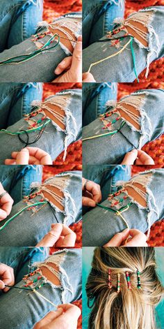 four pictures showing different ways to sew an old pair of jeans with thread and beads