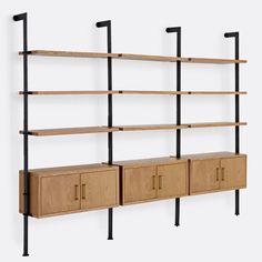 the shelves are made out of wood and have black metal brackets on them, along with drawers