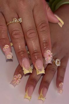 Acrylic Nails With Flowers, Nails With Flowers, Yellow French, Simple Acrylic Nails