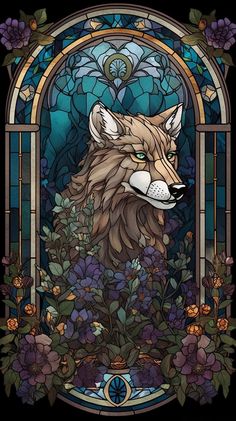 a stained glass window with a wolf on it's face and flowers in the foreground