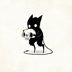 a black and white drawing of a dog with a bone in it's mouth