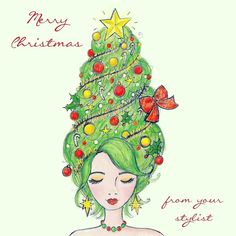 a drawing of a woman with a christmas tree on her head and the words merry christmas from your side