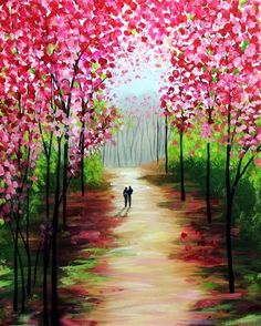 a painting of two people walking down a path in the middle of a forest with pink trees