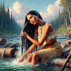 a painting of a native american girl washing her hair in the river with birds flying overhead