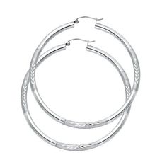 High quality fashion earrings jewelry. 100% genuine solid 14k gold. Great Womens and Mens gift for any occasion. Solid 14k White Gold Round French Lock Diamond Cut Hoop Earrings Genuine Polished Fancy 48 mm x 3mm Size: one size.  Color: Metal Type.  Gender: female.  Age Group: adult. Classic Sterling Silver Hoop Earrings With Diamond Cut, Classic Sterling Silver Diamond Cut Hoop Earrings, Classic White Gold Hoop Earrings With Diamond Cut, Luxury White Gold Hoop Earrings Tarnish Resistant, Tarnish Resistant White Gold Hoop Jewelry, Sterling Silver Hoop Jewelry With Diamond Cut, Sterling Silver Hoop Earrings With Diamond Cut, Elegant Silver Hoop Earrings With Diamond Cut, Silver Engraved Hoop Earrings For Anniversary