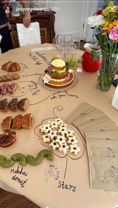 a table topped with lots of different types of pastries and desserts on top of it