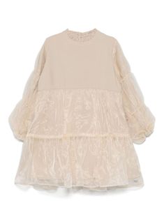 light beige organza panels overlay rear button fastening ruffle collar drop shoulder long puff sleeves elasticated cuffs tiered skirt straight hem Skirt Straight, Dress With Jean Jacket, Girls Casual Dresses, Baby Boy Accessories, Dolce And Gabbana Kids, Ruffle Collar, Long Puff Sleeves, Stella Mccartney Kids, Tier Skirt