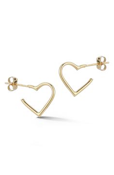 Warm 14-karat gold keeps your look classic with hoop earrings in the shape of a heart. 0.55" drop Post back 14k-gold Made in Turkey Classic Pierced Earrings For Valentine's Day, Classic Valentine's Day Earrings, Classic Gold Open Heart Earrings, Tarnish Resistant Yellow Gold Open Heart Earrings, Yellow Gold Tarnish Resistant Open Heart Earrings, Classic 14k Gold Heart Earrings, Yellow Gold Open Heart Earrings Tarnish Resistant, Yellow Gold Sterling Silver Open Heart Earrings, 14k Yellow Gold Open Heart Earrings