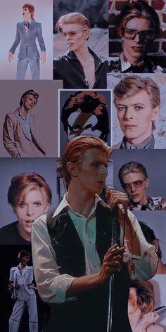 a collage of photos with men in suits and ties on them, including one man holding a microphone