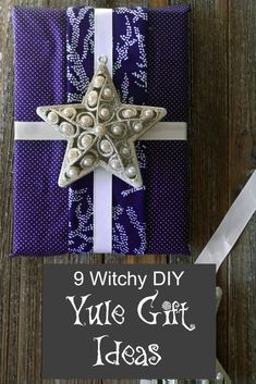 a gift wrapped in purple and white ribbon with the words 9 witchy diy yule gift ideas