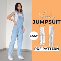 a woman in overalls and white shoes standing next to an orange background with the words wendy jumpsuit easy sewing pattern