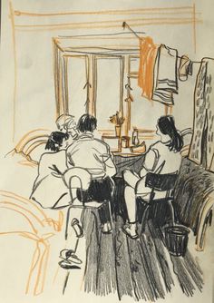 a drawing of three people sitting at a table