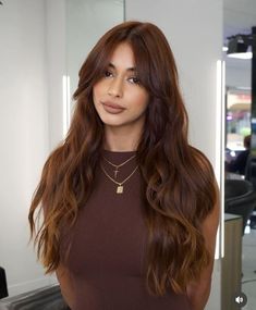 Hair Color For Dark Skin Latinas, Brown People Hair Color, Brown Copper Hair Balayage, Hair Colors Olive Skin Tone, Copper Brown Hair On Tan Skin, Brunette Olive Skin, Honey Brown Hair On Brown Skin, Burnett Hair Color Ideas For 2024, Maple Brown Hair