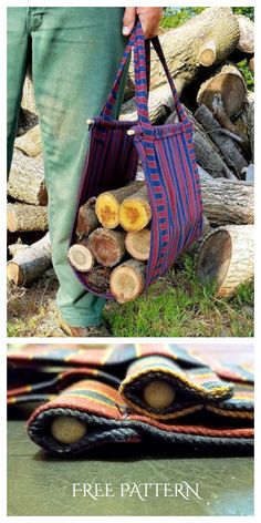 a person carrying a bag with logs in it and another image of the same bag