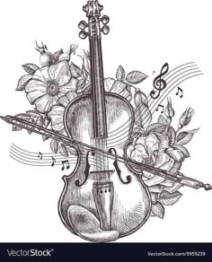 an old violin with roses and music notes on the strings, hand drawn in black ink