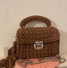 bag 100% handmade   crochet bag 100% polyester , it means is very soft and light 🥰 This bag will look good in any season of the year  I hope the future owner of this bag loves it as much as I loved making it ❤️ Dimensions    Length: 20.5 cm height: 17 cm (except handle) width : 7.5 cm    it's lined ✨  strap chain length: approx 117 centimeters  a perfect gift or a delightful treat for yourself ✨✨ Do not wash , clean it carefully with a damp sponge 🧽  For your different colour choice , please c Mustard Bag, Navy Bag, Knitted Bag, Bridesmaid Bags, Beige Bag, Crochet Pumpkin, Brown Handbag, Craft Bags, Bag Crochet