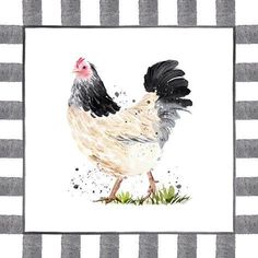 a painting of a chicken on a striped background with black and white stripes around it