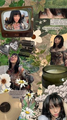 a collage of photos with tattoos, flowers and other things in the background that include an old tv