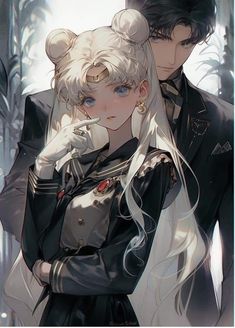 two anime characters standing next to each other with white hair and blue eyes, wearing black clothes