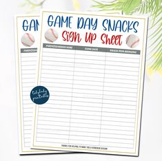 two game day snacks sign up sheets with baseballs and pine branches in the background