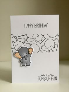 a birthday card with an elephant on it and the words, happy birthday wishing you tons of fun