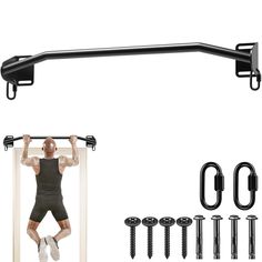 a man is doing pull ups in front of a wall mounted rack with hooks and screws