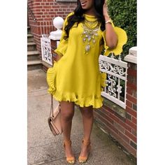 Sweet Ruffle Design Yellow Blending Mini Dress Frilled Dress, Peasant Style Dress, Bohemian Summer Dresses, Yellow Mini Dress, Casual Wear Dress, Round Neck Dresses, Ruffle Mini Dress, Bell Sleeve Dress, Yellow Dress