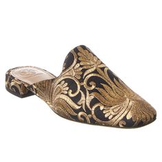 Nwt! Color/Material: Black And Gold Nayan Brocade Fabric Lightly Padded Leather Insole Smooth Leather Sole 0.9in Heel Perfect For Any Fall Event! Tory Burch Mules, Gold Mules, Slides Women, Leather Espadrilles, Wooden Heel, Brocade Fabric, Kids Home, Slide In, Gucci Mules