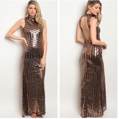 two pictures of a woman wearing a long dress with sequins on the back