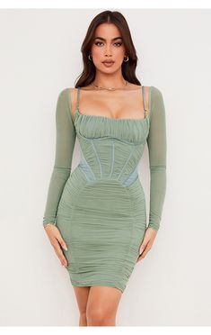 Clothing : Midi Dresses : 'Freyja' Green Gathered Corset Midi Dress Satin Corset Dress, Corset Midi Dress, House Of Cb Dresses, Duchess Satin, Mini Robes, House Of Cb, House Dress, Inspired Dress, Long Sleeve Mini