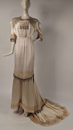 TITANIC 1912 EDWARDIAN WEDDING DRESS W CHANDELIER GLASS FRINGE + TRAIN | eBay Victorian Floor-length Dress For Vintage Events, Regency Style Empire Waist Dress For Vintage Events, Regency Style Dresses For Vintage Events With Empire Waist, Victorian Wedding Dress With Empire Waist And Historical Design, Victorian Wedding Dress With Empire Waist, Vintage Empire Waist Wedding Maxi Dress, Vintage Empire Waist Maxi Dress For Wedding, Victorian Floor-length Dress With Historical Design, Elegant Vintage Wedding Dress With Historical Design