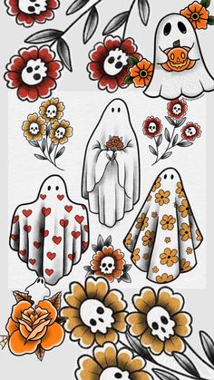 halloween stickers with skulls, flowers and ghost faces on white paper sheeted background