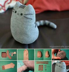 the instructions for making a cat pillow are shown in several different pictures, including an image of