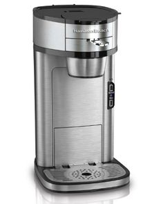 an automatic coffee maker with stainless steel finish and black trimming on the bottom, in front of a white background