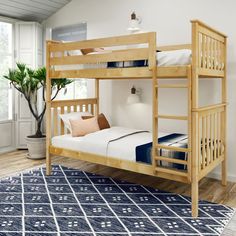 a wooden bunk bed sitting on top of a blue rug in a bedroom next to a potted plant