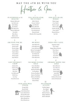 a wedding seating chart with the names and dates