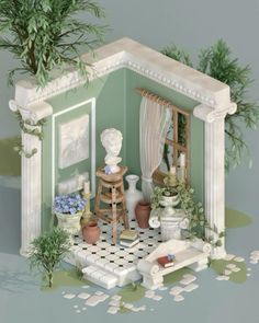 a doll house with furniture and potted plants on the floor in front of it