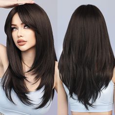 PRICES MAY VARY. ★High quality material full synthetic Heat Resistant Fibre of best wigs, cheap price and soft hair and comfortable to wear. ★ black wig with bangs is layered straight , it flows curvature very naturally , easy to take care of, the layers help to give a good shape and overall. ★Medium Length Hair Wig Size is 24". The adjustable elastic band and hairpin provide you with a comfortable experience, suitable for white women and black women. ★Adjustable ladies wig cap it use breathable Black Wig With Bangs, Layered Haircuts For Medium Hair, Hairstyles For Layered Hair, Best Wigs, Haircuts For Medium Hair, Haircuts Straight Hair, Black Wig, Wig With Bangs, Medium Length Hair