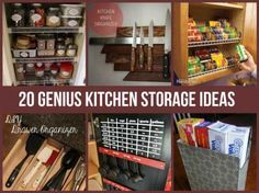 several kitchen storage ideas with the words, 20 genius kitchen storage ideas