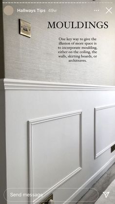 an advertisement for moldings on the side of a wall with white trim and paneling