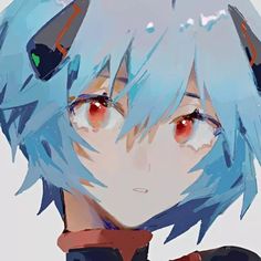 an anime character with blue hair and red eyes