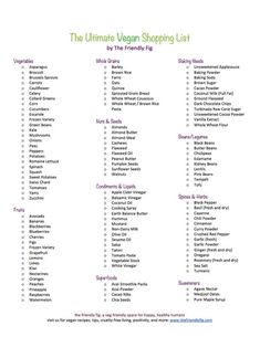 the ultimate vegan shopping list is shown in this printable version, which includes grocery items