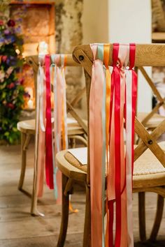 a chair with ribbons hanging from it's back and the words fiesta theme wedding inspiration