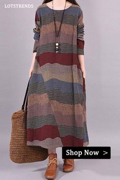 Limited Stock- lotstrends Wavy Colorful Stripes Retro Linen Dress Office Dresses For Women, Winter Chic, Cotton Linen Dresses, Long Sleeve Midi, Loose Dress, Long Sleeve Midi Dress, Elegant Outfit, Linen Dress, Printed Maxi Dress